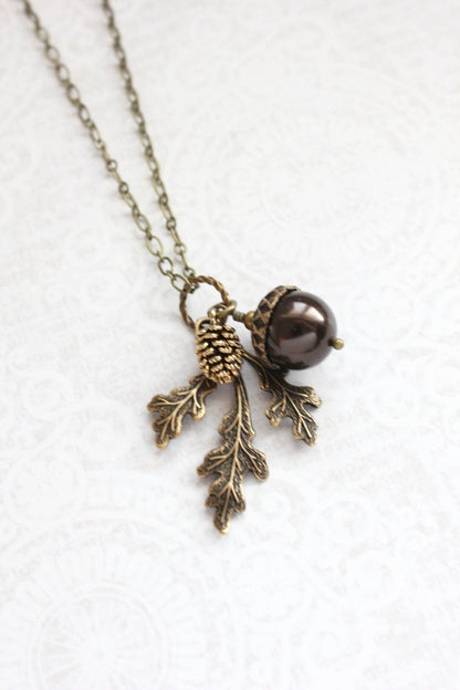 Dark Chocolate Brown Pearl Acorn Necklace