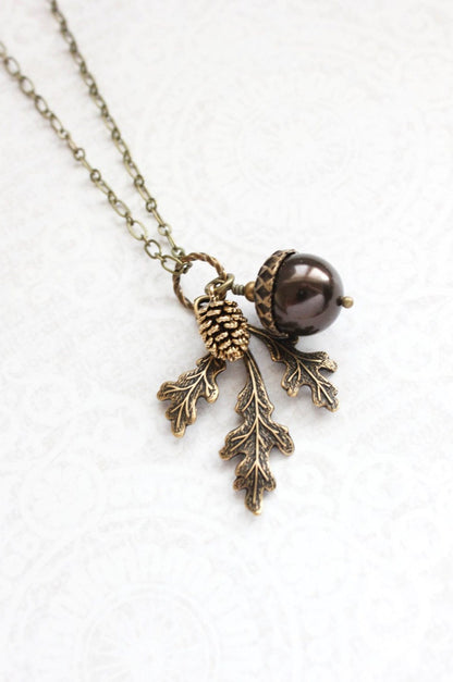 Dark Chocolate Brown Pearl Acorn Necklace