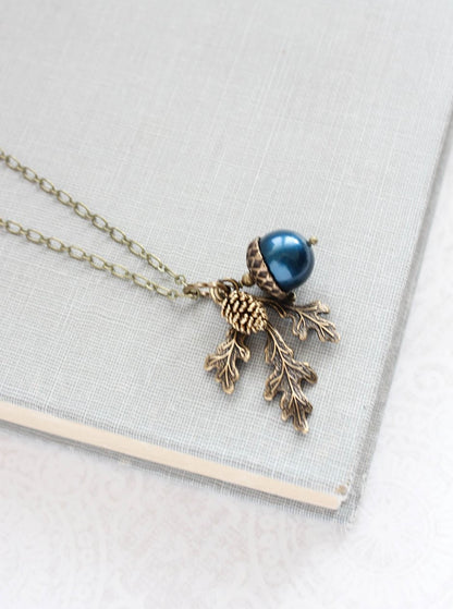 Navy Pearl Acorn Necklace | Rustic Nature Charm Pendant