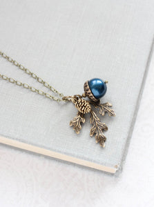 Navy Pearl Acorn Necklace | Rustic Nature Charm Pendant