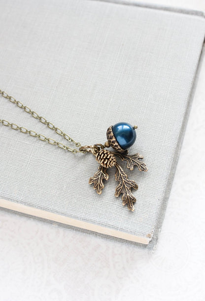 Navy Pearl Acorn Necklace | Rustic Nature Charm Pendant