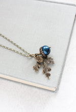 Load image into Gallery viewer, Navy Pearl Acorn Necklace | Rustic Nature Charm Pendant