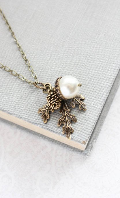 Ivory Cream Pearl Acorn, Branch and Pine Cone Charm Necklace
