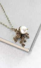 Load image into Gallery viewer, White Pearl Pendant Necklace Pearl Acorn Charm Nature Inspired Pinecone Branch Leaf Rustic Wedding Winter Wonderland Bridesmaids Gift