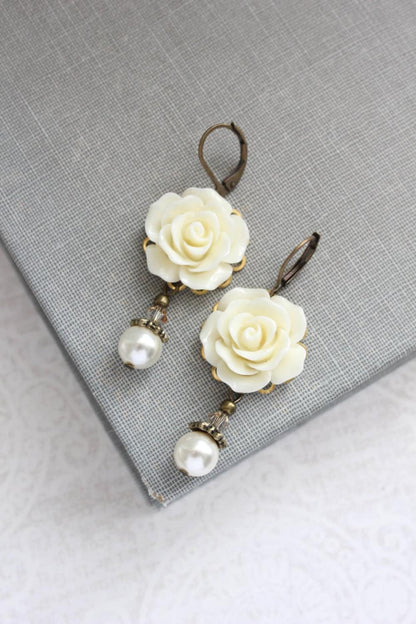 Ivory Cream Rose Earrings | Pearl Drop