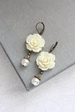 Load image into Gallery viewer, Ivory Cream Rose Earrings | Pearl Drop