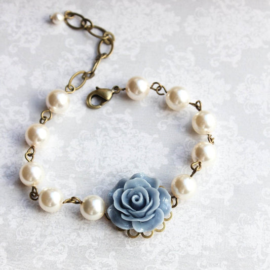 Blue Rose and Pearl Bracelet
