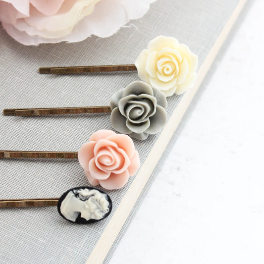 Rose and Cameo Bobby Pins | Pink and Black
