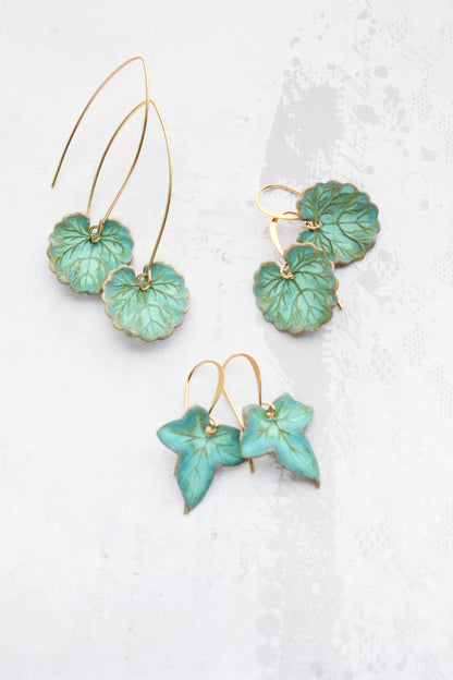 Verdigris Leaf Earrings | Lily Pad or Ivy Leaf