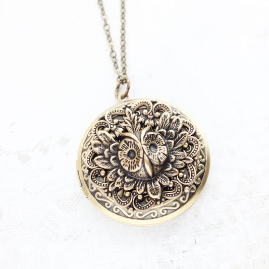 Owl Locket Necklace -Antiqued Gold