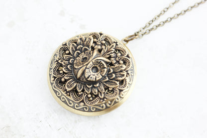 Owl Locket Necklace -Antiqued Gold