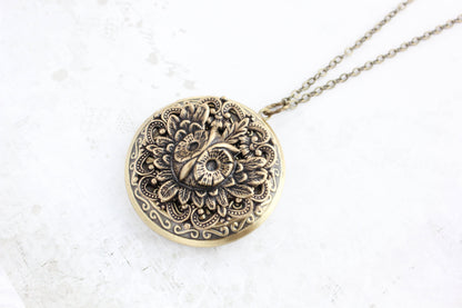 Owl Locket Necklace -Antiqued Gold