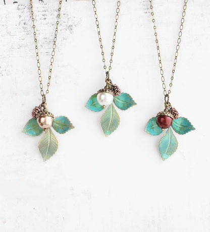 Nature Charm Necklace - Verdigris (20 Pearl Colors)