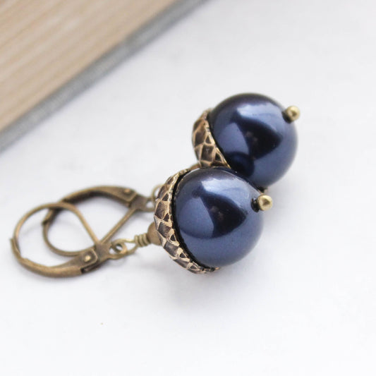 Pearl Acorn Earrings - Midnight Blue