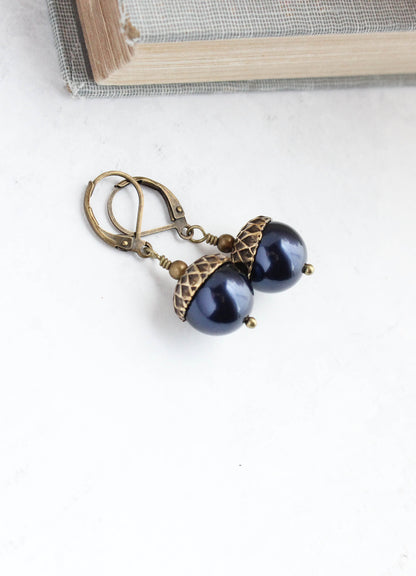 Pearl Acorn Earrings - Midnight Blue