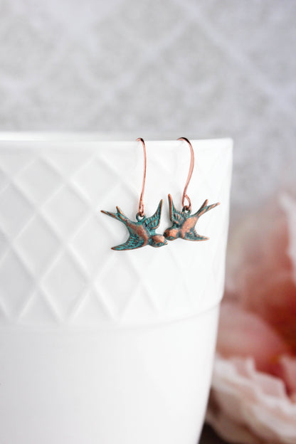 Small Bird Earrings - Mint Patina Copper
