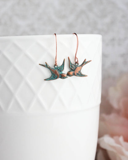Small Bird Earrings - Mint Patina Copper