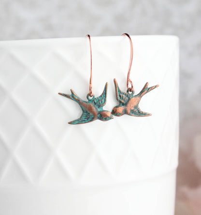Small Bird Earrings - Mint Patina Copper