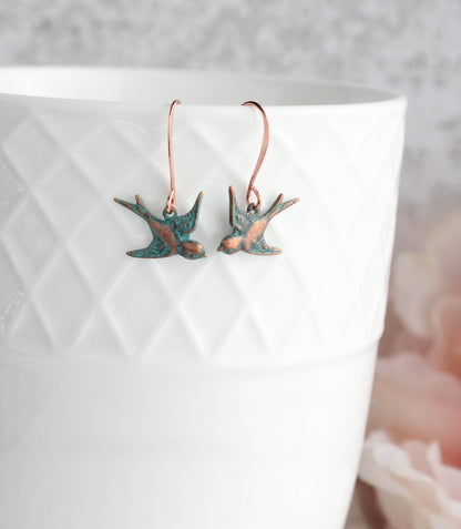 Small Bird Earrings - Mint Patina Copper