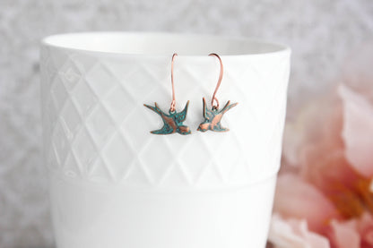 Small Bird Earrings - Mint Patina Copper