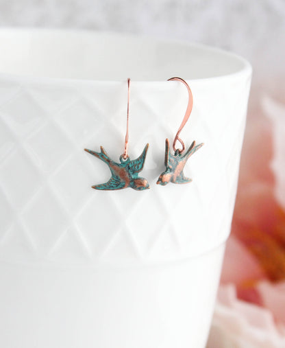 Small Bird Earrings - Mint Patina Copper
