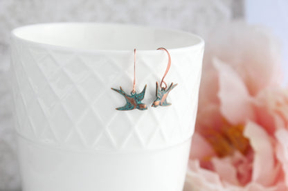 Small Bird Earrings - Mint Patina Copper