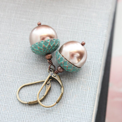 Mint Copper Acorn Earrings