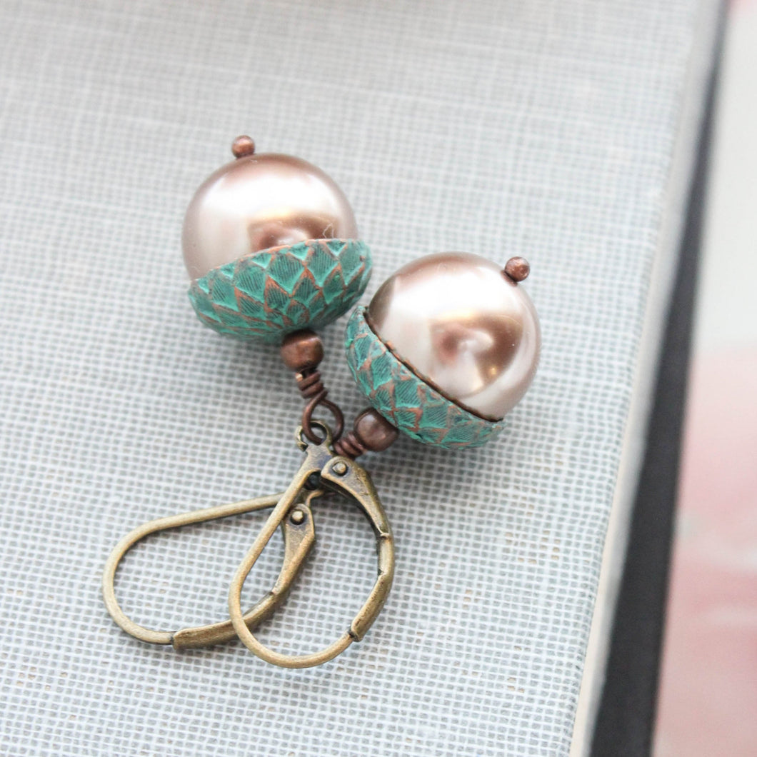 Mint Copper Acorn Earrings