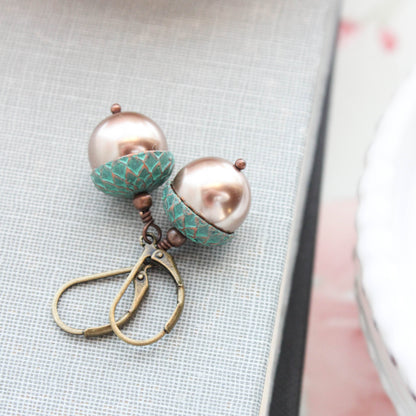 Mint Copper Acorn Earrings