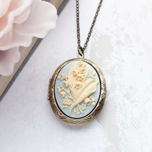 Lily of the Valley Cameo Locket - Blue