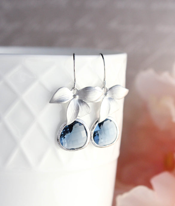 Gold Orchid Earrings - Navy
