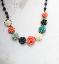 Load image into Gallery viewer, Rose Bib Necklace - Navy and Coral