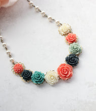 Load image into Gallery viewer, Rose Bib Necklace - Navy and Coral