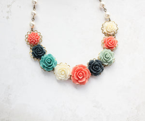 Rose Bib Necklace - Navy and Coral