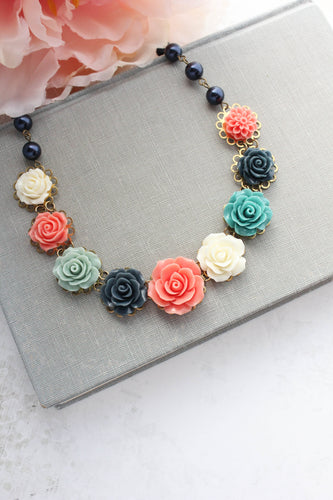 Rose Bib Necklace - Navy and Coral