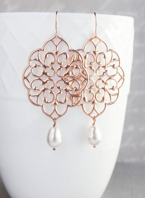 Rose Gold Filigree Earrings (14 Pearl Colors)