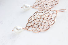 Load image into Gallery viewer, Rose Gold Filigree Earrings (14 Pearl Colors)
