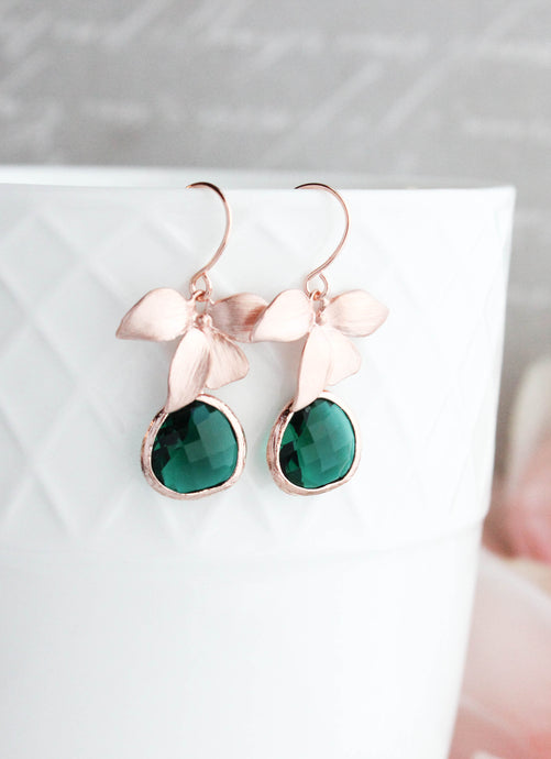 Rose Gold Orchid Earrings - Emerald