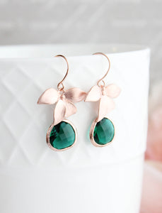 Rose Gold Orchid Earrings - Emerald