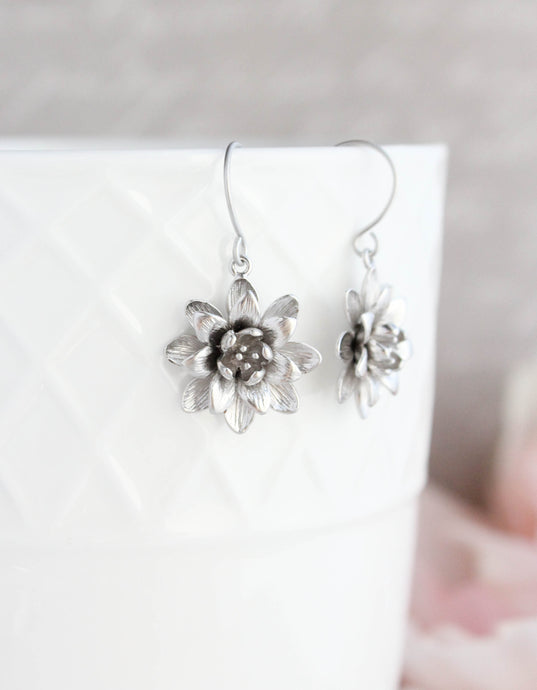 Lotus Flower Earrings - Matte Silver