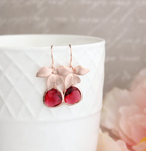 Load image into Gallery viewer, Rose Gold Orchid Earrings - Ruby Red