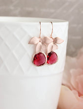 Load image into Gallery viewer, Rose Gold Orchid Earrings - Ruby Red