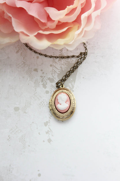 Pink Rose Cameo Locket Necklace
