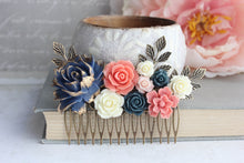 Load image into Gallery viewer, Navy and Coral Floral Comb - C1007