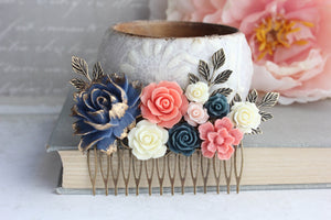 Navy and Coral Floral Comb - C1007