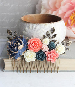 Navy and Coral Floral Comb - C1007