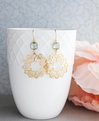 Gold Filigree Earrings - Aqua