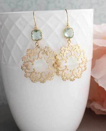 Gold Filigree Earrings - Aqua