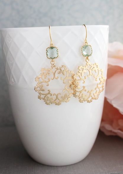 Gold Filigree Earrings - Aqua