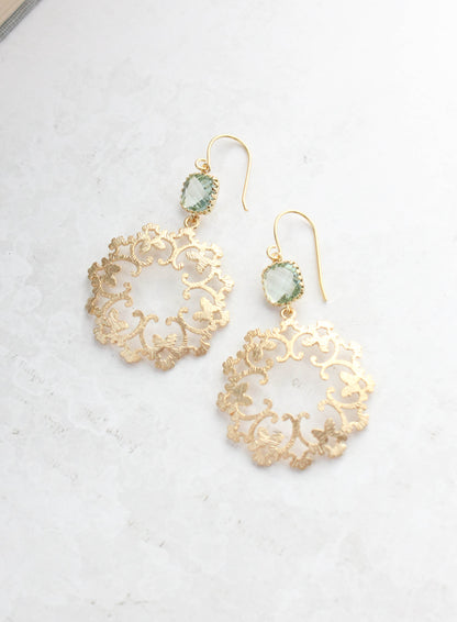 Gold Filigree Earrings - Aqua